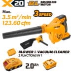 TOLSEN 20V brushless cordless 2-in-1 blower and vacuum cleaner kit, featuring a powerful 123.60 cfm max airflow, displayed with a 2.0Ah lithium-ion battery, charger, and dust collection bag.
