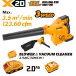 TOLSEN 20V brushless cordless 2-in-1 blower and vacuum cleaner kit, featuring a powerful 123.60 cfm max airflow, displayed with a 2.0Ah lithium-ion battery, charger, and dust collection bag.