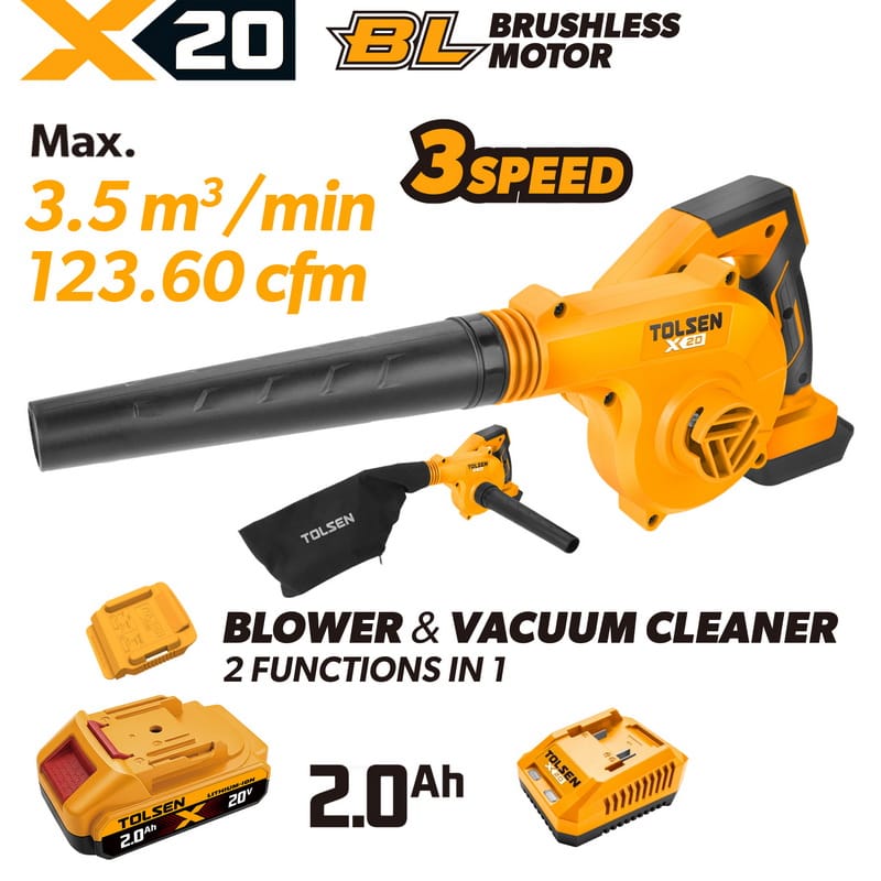 TOLSEN 20V brushless cordless 2-in-1 blower and vacuum cleaner kit, featuring a powerful 123.60 cfm max airflow, displayed with a 2.0Ah lithium-ion battery, charger, and dust collection bag.