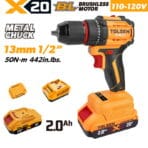 TOLSEN 20V X20 Brushless Cordless Drill 50Nm Kit with 2Ah Battery for 110-120v market.