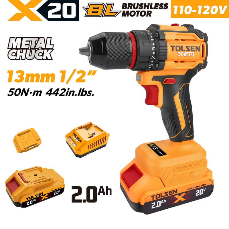 TOLSEN 20V X20 Brushless Cordless Drill 50Nm Kit with 2Ah Battery for 110-120v market.