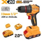TOLSEN 20V brushless cordless drill kit featuring a 13mm metal chuck and 50Nm torque, displayed with included 2.0Ah lithium-ion battery and charger.