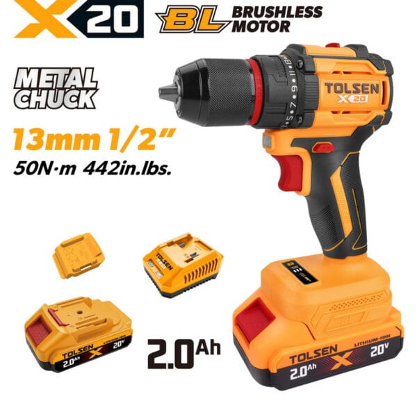TOLSEN 20V brushless cordless drill kit featuring a 13mm metal chuck and 50Nm torque, displayed with included 2.0Ah lithium-ion battery and charger.