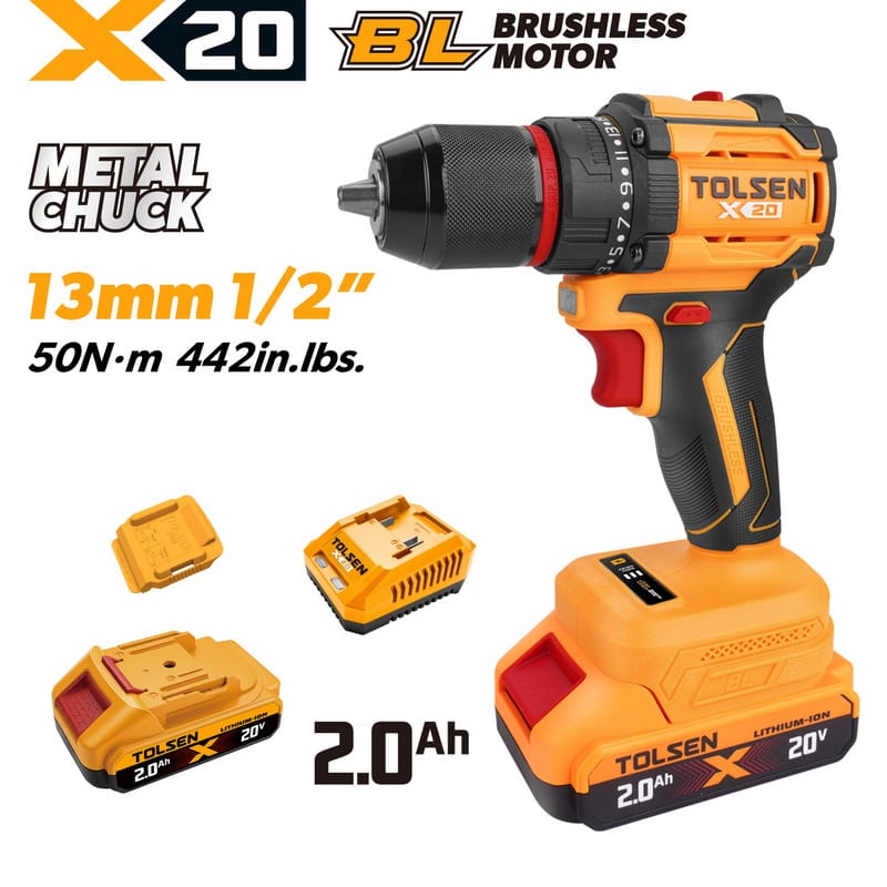 TOLSEN 20V brushless cordless drill kit featuring a 13mm metal chuck and 50Nm torque, displayed with included 2.0Ah lithium-ion battery and charger.