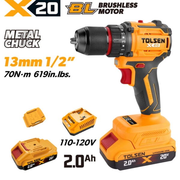 TOLSEN 20V heavy-duty compact brushless drill kit featuring 70Nm torque and a 13mm metal chuck, displayed with included 2.0Ah lithium-ion batteries and charger for 110-120v market.
