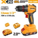 TOLSEN 20V heavy-duty compact brushless drill kit featuring 70Nm torque and a 13mm metal chuck, displayed with included 2.0Ah lithium-ion batteries and charger for 110-120v market.