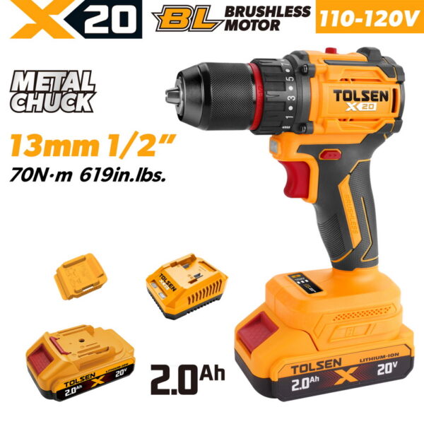 TOLSEN 20V heavy-duty compact brushless drill kit featuring 70Nm torque and a 13mm metal chuck, displayed with included 2.0Ah lithium-ion batteries and charger for 110-120v market.