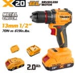 TOLSEN 20V heavy-duty compact brushless drill kit featuring 70Nm torque and a 13mm metal chuck, displayed with included 2.0Ah lithium-ion batteries and charger.