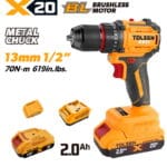 TOLSEN 20V heavy-duty compact brushless drill kit featuring 70Nm torque and a 13mm metal chuck, displayed with included 2.0Ah lithium-ion batteries and charger.