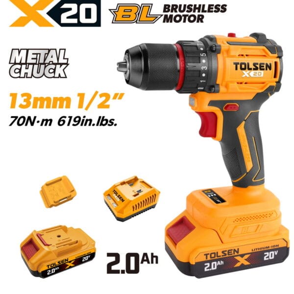 TOLSEN 20V heavy-duty compact brushless drill kit featuring 70Nm torque and a 13mm metal chuck, displayed with included 2.0Ah lithium-ion batteries and charger.