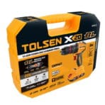 TOLSEN X20 BL 20V Li-ion Cordless Hammer Drill in retail packaging, highlighting the brushless motor, 50Nm torque, and hammer function.