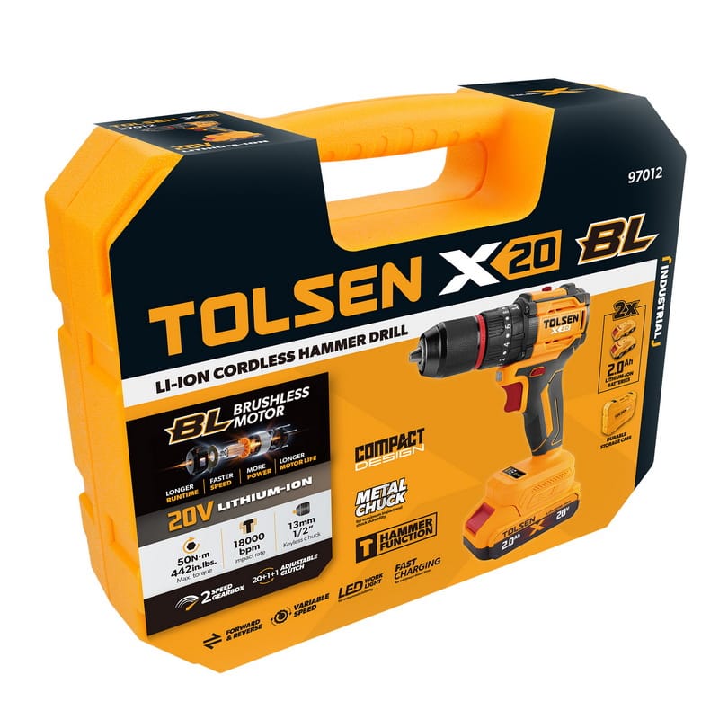 TOLSEN X20 BL 20V Li-ion Cordless Hammer Drill in retail packaging, highlighting the brushless motor, 50Nm torque, and hammer function.