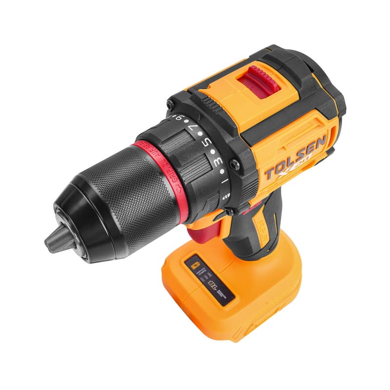 Top-down angled view of the TOLSEN brushless drill, focusing on the red 2-speed gearbox selector switch and heat dissipation vents.