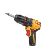 Angled view of the TOLSEN X20 brushless drill set up for driving screws, featuring a magnetic bit holder and a Phillips screwdriver bit installed in the metal chuck.