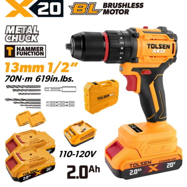 TOLSEN 20V heavy-duty compact brushless hammer drill kit featuring 70Nm torque and a metal chuck, displayed with two 2.0Ah batteries, charger, storage case, and drill bit accessories for 110-120v market.