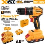TOLSEN 20V heavy-duty compact brushless hammer drill kit featuring 70Nm torque and a metal chuck, displayed with two 2.0Ah batteries, charger, storage case, and drill bit accessories for 110-120v market.