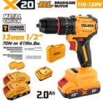 TOLSEN 20V heavy-duty compact brushless hammer drill kit featuring 70Nm torque and a metal chuck, displayed with two 2.0Ah batteries, charger, storage case, and drill bit accessories for 110-120v market.