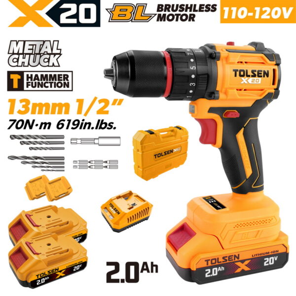 TOLSEN 20V heavy-duty compact brushless hammer drill kit featuring 70Nm torque and a metal chuck, displayed with two 2.0Ah batteries, charger, storage case, and drill bit accessories for 110-120v market.