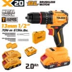 TOLSEN 20V heavy-duty compact brushless hammer drill kit featuring 70Nm torque and a metal chuck, displayed with two 2.0Ah batteries, charger, storage case, and drill bit accessories.
