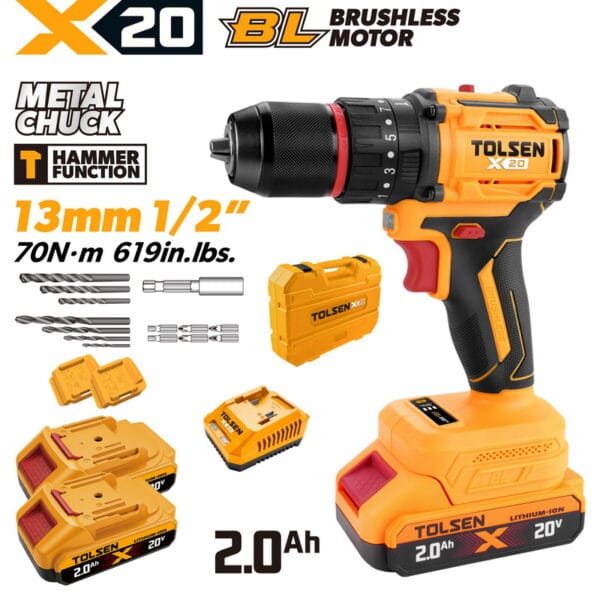TOLSEN 20V heavy-duty compact brushless hammer drill kit featuring 70Nm torque and a metal chuck, displayed with two 2.0Ah batteries, charger, storage case, and drill bit accessories.