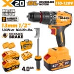 TOLSEN 20V flagship brushless hammer drill kit featuring 120Nm torque and kickback protection, displayed with an auxiliary handle, two high-capacity 4.0Ah batteries, charger, and storage case for 110-120v market.