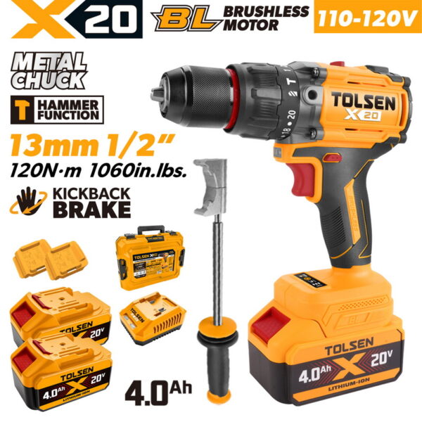 TOLSEN 20V flagship brushless hammer drill kit featuring 120Nm torque and kickback protection, displayed with an auxiliary handle, two high-capacity 4.0Ah batteries, charger, and storage case for 110-120v market.