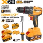 TOLSEN 20V flagship brushless hammer drill kit featuring 120Nm torque and kickback protection, displayed with an auxiliary handle, two high-capacity 4.0Ah batteries, charger, and storage case.