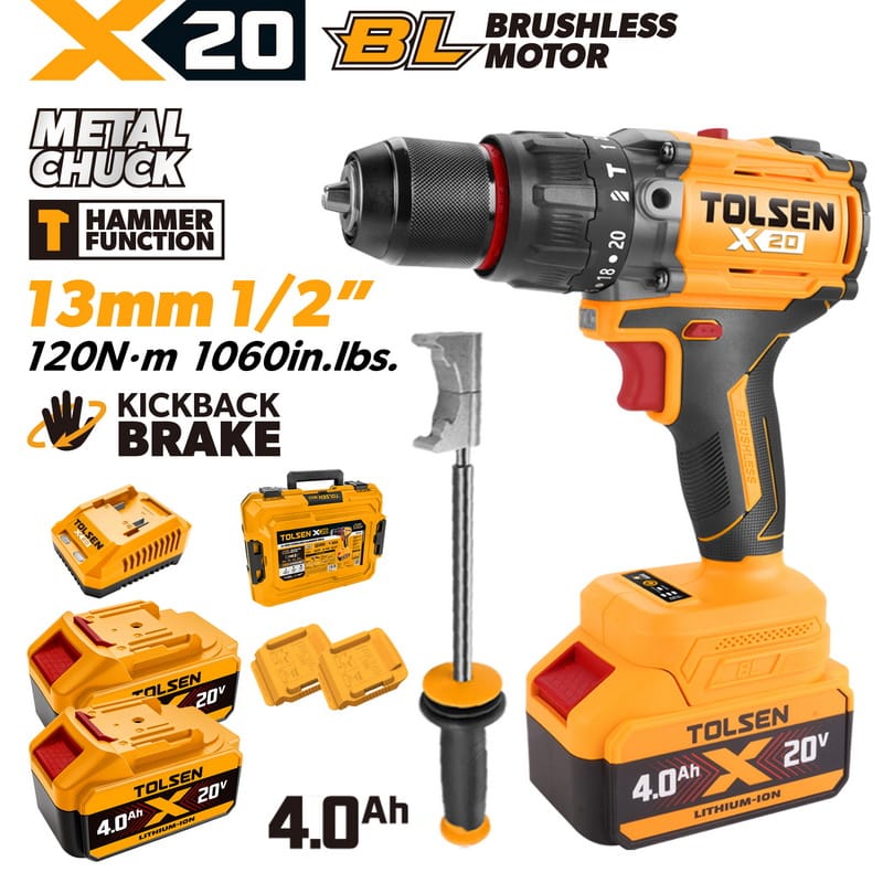 TOLSEN 20V flagship brushless hammer drill kit featuring 120Nm torque and kickback protection, displayed with an auxiliary handle, two high-capacity 4.0Ah batteries, charger, and storage case.