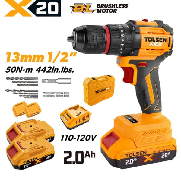 TOLSEN 20V compact brushless hammer drill kit featuring 50Nm torque and a metal chuck, displayed with two 2.0Ah batteries, charger, storage case, and accessory drill bits for 110-120v-market.