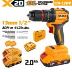 TOLSEN 20V compact brushless hammer drill kit featuring 50Nm torque and a metal chuck, displayed with two 2.0Ah batteries, charger, storage case, and accessory drill bits for 110-120v-market.