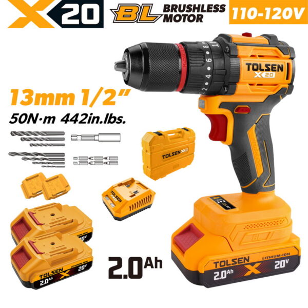 TOLSEN 20V compact brushless hammer drill kit featuring 50Nm torque and a metal chuck, displayed with two 2.0Ah batteries, charger, storage case, and accessory drill bits for 110-120v-market.