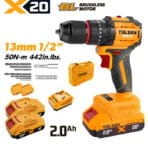 TOLSEN 20V compact brushless hammer drill kit featuring 50Nm torque and a metal chuck, displayed with two 2.0Ah batteries, charger, storage case, and accessory drill bits.