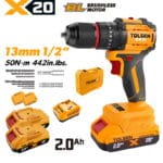 TOLSEN 20V compact brushless hammer drill kit featuring 50Nm torque and a metal chuck, displayed with two 2.0Ah batteries, charger, storage case, and accessory drill bits.