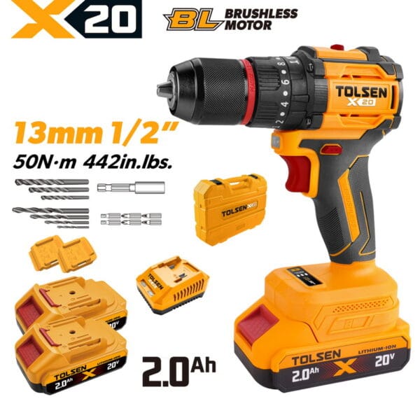 TOLSEN 20V compact brushless hammer drill kit featuring 50Nm torque and a metal chuck, displayed with two 2.0Ah batteries, charger, storage case, and accessory drill bits.