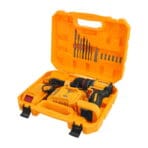 Fully open durable storage case showing the TOLSEN 20V brushless hammer drill, two 2.0Ah batteries, fast charger, and neatly organized drill/driver bit set in the lid.