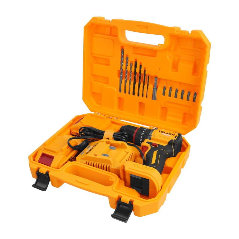 Fully open durable storage case showing the TOLSEN 20V brushless hammer drill, two 2.0Ah batteries, fast charger, and neatly organized drill/driver bit set in the lid.
