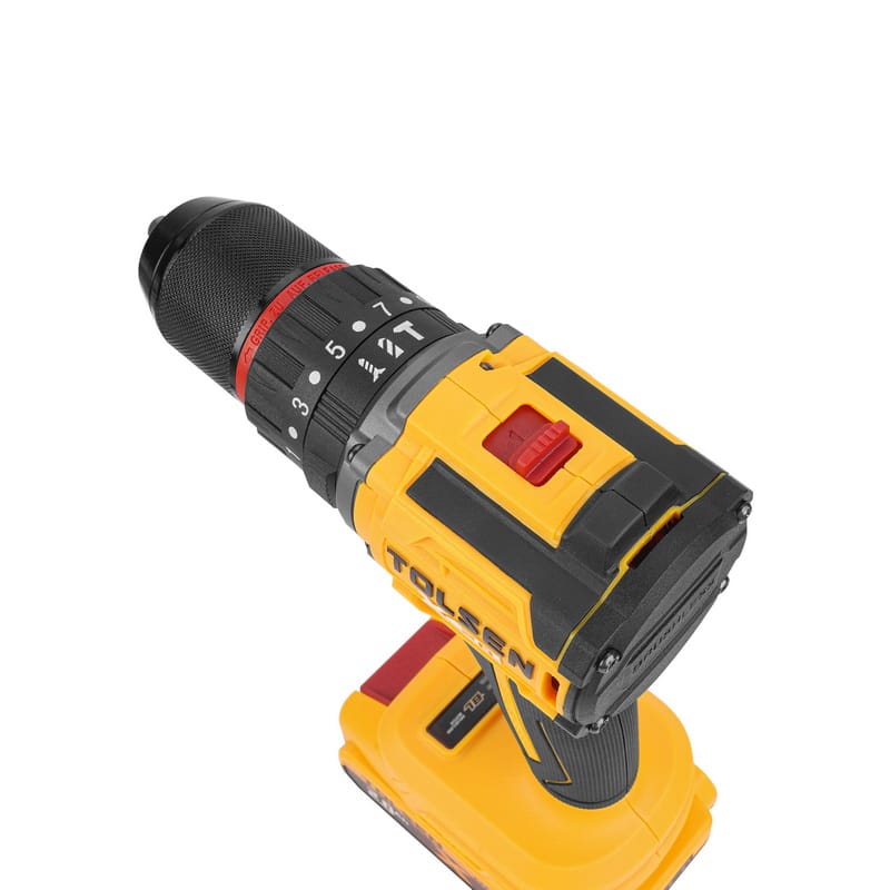 Top-down angled view of the TOLSEN 20V brushless hammer drill, focusing on the red 2-speed gearbox selector switch and the torque adjustment ring.