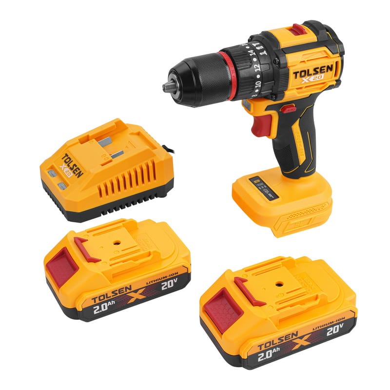 TOLSEN 20V brushless cordless hammer drill displayed alongside two 2.0Ah lithium-ion batteries and a fast charger suitable for the 110-120V market.