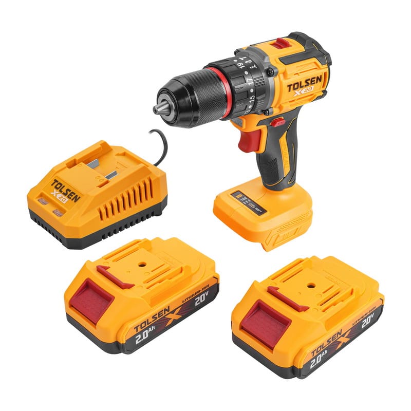TOLSEN 20V X20 compact brushless hammer drill displayed with its two included 2.0Ah lithium-ion batteries and battery charger.