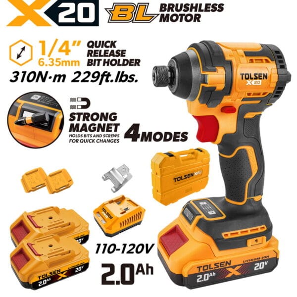 Complete TOLSEN 20V brushless impact driver kit featuring 310Nm torque and a 1/4-inch hex chuck, displayed with two 2.0Ah batteries, fast charger, and a hard storage case for 110-120v market.