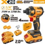 Complete TOLSEN 20V brushless impact driver kit featuring 310Nm torque and a 1/4-inch hex chuck, displayed with two 2.0Ah batteries, fast charger, and a hard storage case for 110-120v market.