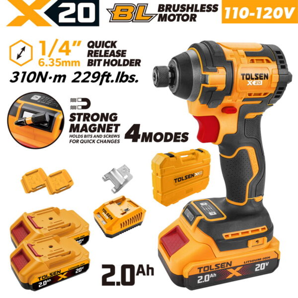 Complete TOLSEN 20V brushless impact driver kit featuring 310Nm torque and a 1/4-inch hex chuck, displayed with two 2.0Ah batteries, fast charger, and a hard storage case for 110-120v market.