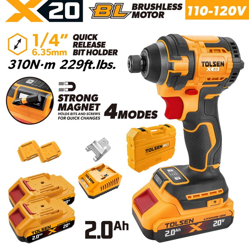 Complete TOLSEN 20V brushless impact driver kit featuring 310Nm torque and a 1/4-inch hex chuck, displayed with two 2.0Ah batteries, fast charger, and a hard storage case for 110-120v market.
