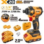 Complete TOLSEN 20V brushless impact driver kit featuring 310Nm torque and a 1/4-inch hex chuck, displayed with two 2.0Ah batteries, fast charger, and a hard storage case.
