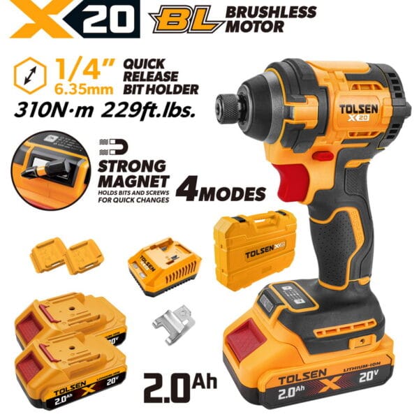 Complete TOLSEN 20V brushless impact driver kit featuring 310Nm torque and a 1/4-inch hex chuck, displayed with two 2.0Ah batteries, fast charger, and a hard storage case.