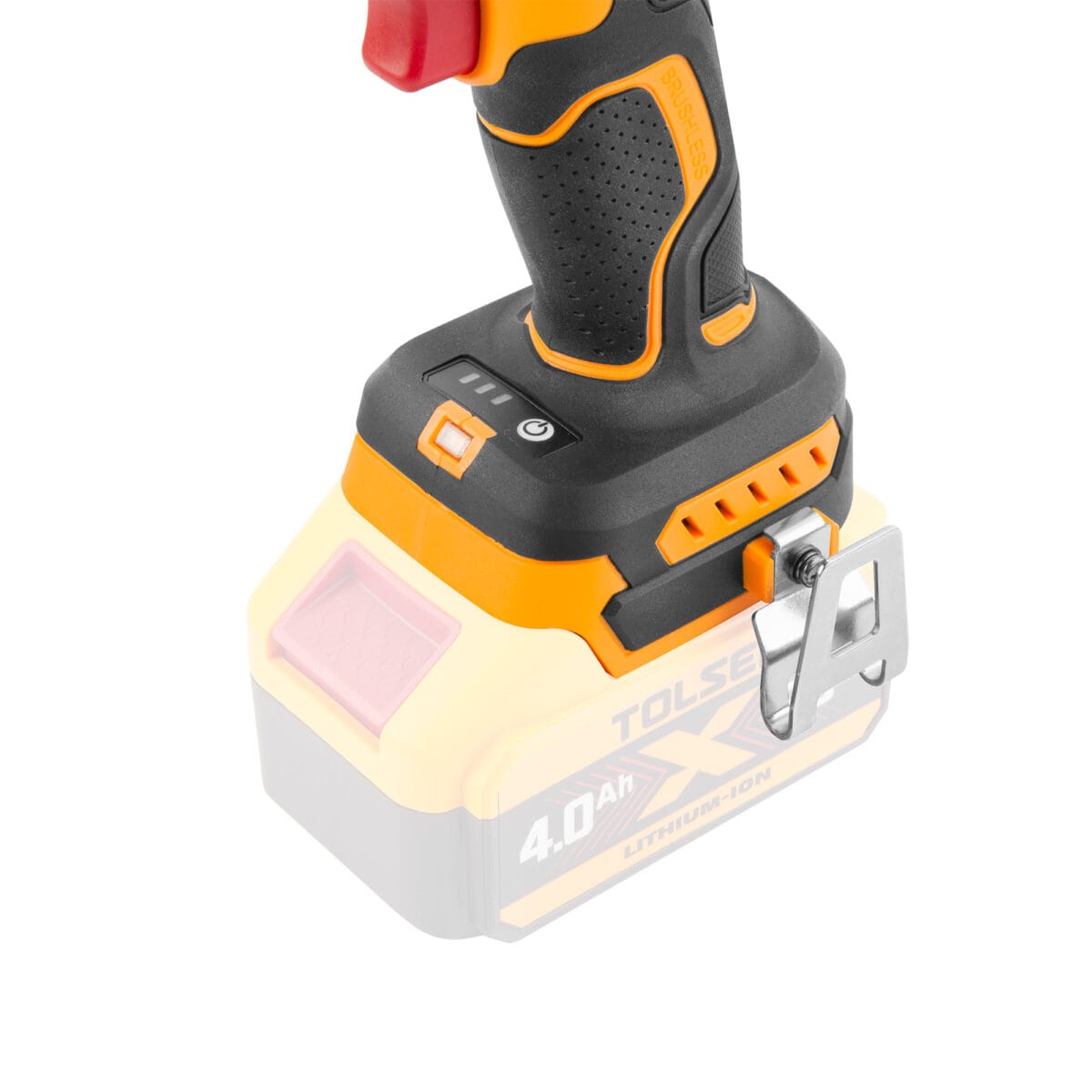 TOLSEN 20V Cordless Impact Wrench Base Showing Electronic 3-Speed Control Panel, LED Work Light, and Belt Hook