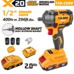 TOLSEN 20V brushless impact wrench kit featuring a 1/2-inch hollow shaft and 400Nm torque, displayed with two 2.0Ah batteries, charger, and three impact sockets for 110-120v market.