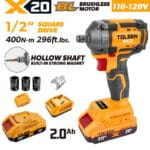 TOLSEN 20V brushless impact wrench kit featuring a 1/2-inch hollow shaft and 400Nm torque, displayed with two 2.0Ah batteries, charger, and three impact sockets for 110-120v market.