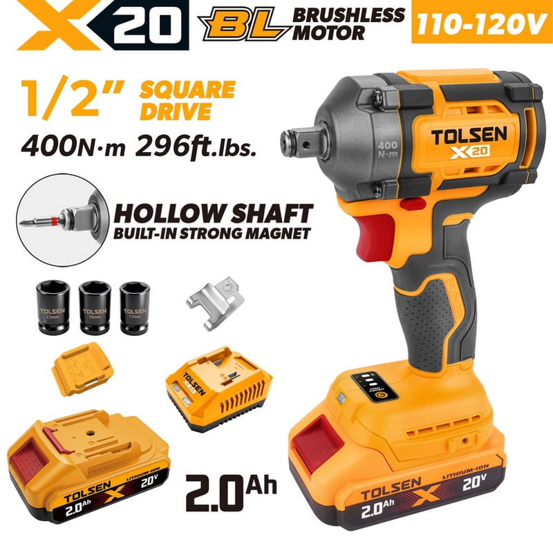 TOLSEN 20V brushless impact wrench kit featuring a 1/2-inch hollow shaft and 400Nm torque, displayed with two 2.0Ah batteries, charger, and three impact sockets for 110-120v market.