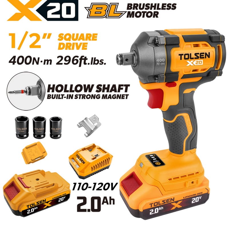TOLSEN 20V brushless impact wrench kit featuring a 1/2-inch hollow shaft and 400Nm torque, displayed with two 2.0Ah batteries, charger, and three impact sockets for 110-120v market.